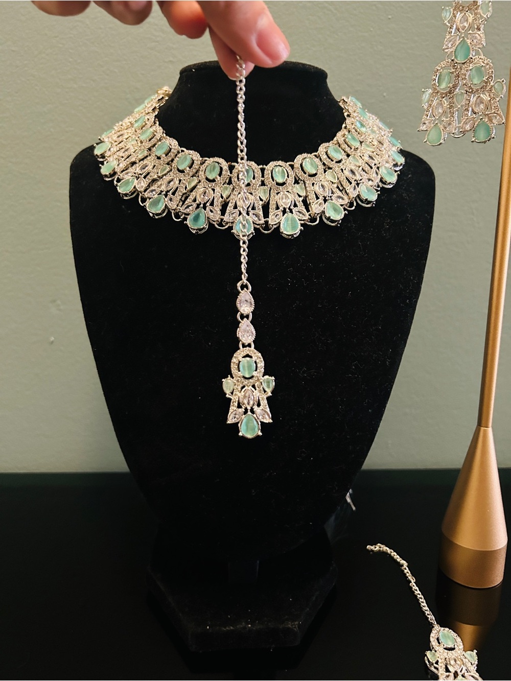 Silver-plated American Diamond Necklace with Earrings and Tikka set - Picture 4 of 6
